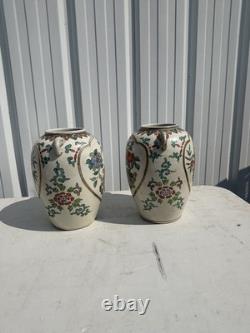 Paire de grands vases anciens en céramique décor oiseaux (Japon)