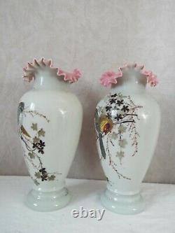 Paire de vases opaline émaillée peint ancien Enamel Glass Oiseaux Napoléon III