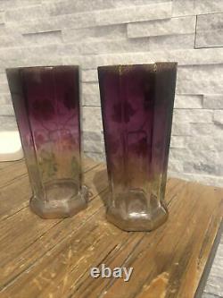 Paire vase ancien émaillé Art Nouveau Legras Fleurs Or