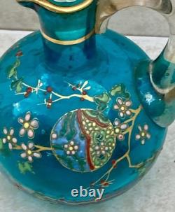Petite ancienne Carafe aiguière Art Nouveau cristal bleu émaillé Legras N°ZA12