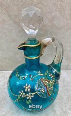Petite ancienne Carafe aiguière Art Nouveau cristal bleu émaillé Legras N°ZA12