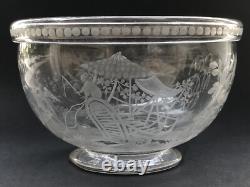 RARE ancien GRAND BOL COUPE CRISTAL signé DELVAUX décor gravé CHINOIS OISEAUX