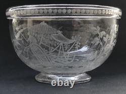 RARE ancien GRAND BOL COUPE CRISTAL signé DELVAUX décor gravé CHINOIS OISEAUX
