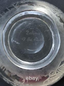 RARE ancien GRAND BOL COUPE CRISTAL signé DELVAUX décor gravé CHINOIS OISEAUX
