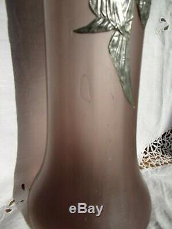 Rare Grand 41 CM Ancien Vase Pate De Verre Souffle Art Nouveau/deco Decor Etain