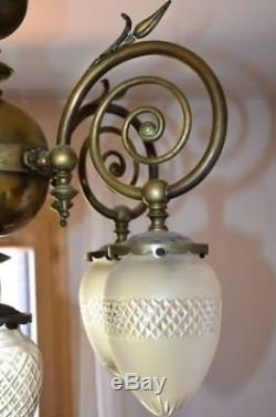 Rare Lustre Ancien en bronze 6 Globes Obus en cristal ou Verre taillé