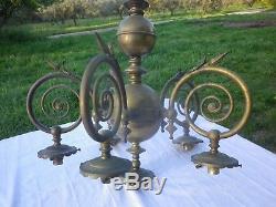 Rare Lustre Ancien en bronze 6 Globes Obus en cristal ou Verre taillé