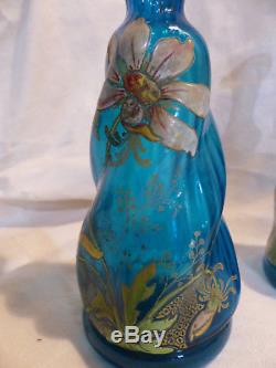 Rare paire de bouteilles torsadées vases legras émaillée anciennes fleurs