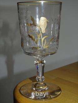 SAINT LOUIS CRISTAL ANCIEN VERRE A EAU GRAVURE PAYSAGE OISEAUX OR ht 15 cm