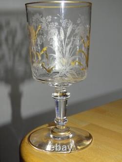 SAINT LOUIS CRISTAL ANCIEN VERRE A EAU GRAVURE PAYSAGE OISEAUX OR ht 15 cm