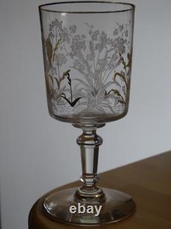 SAINT LOUIS CRISTAL ANCIEN VERRE A EAU GRAVURE PAYSAGE OISEAUX OR ht 15 cm