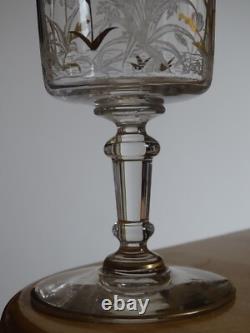 SAINT LOUIS CRISTAL ANCIEN VERRE A EAU GRAVURE PAYSAGE OISEAUX OR ht 15 cm