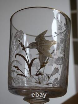 SAINT LOUIS CRISTAL ANCIEN VERRE A EAU GRAVURE PAYSAGE OISEAUX OR ht 15 cm