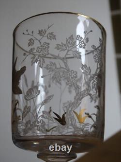 SAINT LOUIS CRISTAL ANCIEN VERRE A EAU GRAVURE PAYSAGE OISEAUX OR ht 15 cm