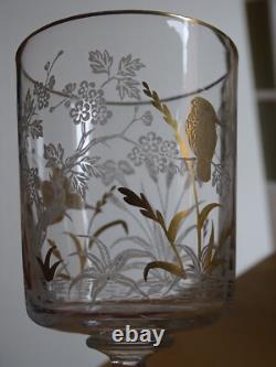 SAINT LOUIS CRISTAL ANCIEN VERRE A EAU GRAVURE PAYSAGE OISEAUX OR ht 15 cm