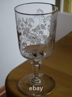 SAINT LOUIS CRISTAL ANCIEN VERRE A EAU GRAVURE PAYSAGE OISEAUX OR ht 15 cm