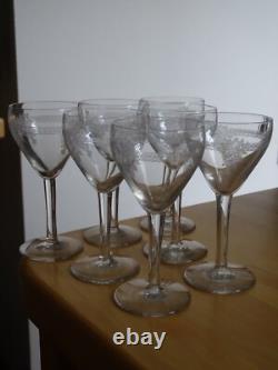 ST LOUIS 7 ANCIENS VERRES APERITIF PORTO CRISTAL MOD GRAVURE COLI 1930 ht 12 cm