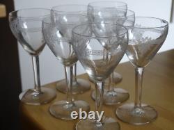 ST LOUIS 7 ANCIENS VERRES APERITIF PORTO CRISTAL MOD GRAVURE COLI 1930 ht 12 cm