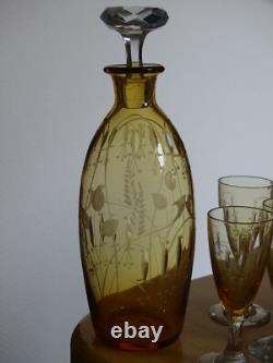 Saint Louis Ancien Service A Liqueur Cristal Orange Gravure Florale Art Nouveau