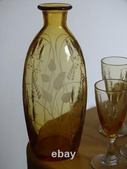 Saint Louis Ancien Service A Liqueur Cristal Orange Gravure Florale Art Nouveau