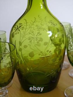Saint Louis Ancien Service A Liqueur Cristal Vert Gravure Florale Art Nouveau