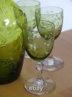Saint Louis Ancien Service A Liqueur Cristal Vert Gravure Florale Art Nouveau