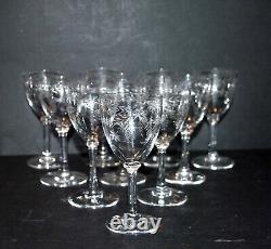 Série de 10 verres porto ancien cristal gravé roue guirlande laurier 1900 H11cm