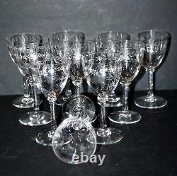 Série de 10 verres porto ancien cristal gravé roue guirlande laurier 1900 H11cm