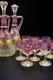 Service ancien en verre &eacute;maill&eacute; 2 carafes + 8 verres D&eacute;cor floral peint &agrave; la