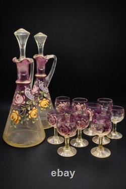 Service ancien en verre émaillé 2 carafes + 8 verres Décor floral peint à la