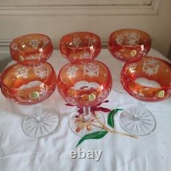 Six anciennes coupes à champagne cristal taillé orange décor de grappes Pologne