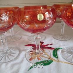 Six anciennes coupes à champagne cristal taillé orange décor de grappes Pologne