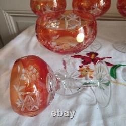 Six anciennes coupes à champagne cristal taillé orange décor de grappes Pologne