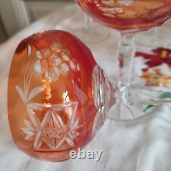 Six anciennes coupes à champagne cristal taillé orange décor de grappes Pologne