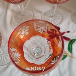 Six anciennes coupes à champagne cristal taillé orange décor de grappes Pologne