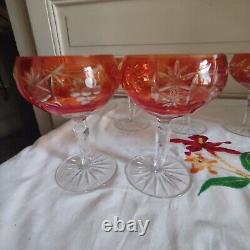 Six anciennes coupes à champagne cristal taillé orange décor de grappes Pologne