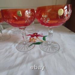 Six anciennes coupes à champagne cristal taillé orange décor de grappes Pologne