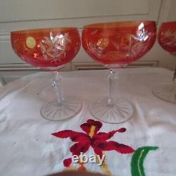 Six anciennes coupes à champagne cristal taillé orange décor de grappes Pologne