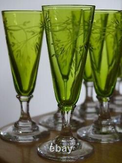 St Louis 8 Anciens Verres Vert A Liqueur Cristal Gravure Art Nouveau Talma
