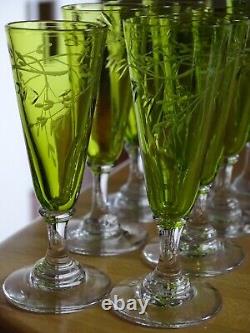 St Louis 8 Anciens Verres Vert A Liqueur Cristal Gravure Art Nouveau Talma