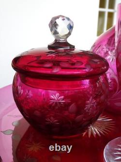 St Louis Ancien Service Nuit Cristal Doubler Colorer Rouge Gravure Florle 19eme