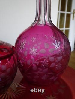 St Louis Ancien Service Nuit Cristal Doubler Colorer Rouge Gravure Florle 19eme