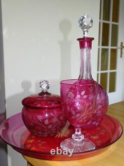 St Louis Ancien Service Nuit Cristal Doubler Colorer Rouge Gravure Florle 19eme