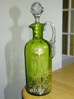 St Louis Ancienne Carafe A Liqueur Cristal Vert Gravure Art Nouveau Nenuphars