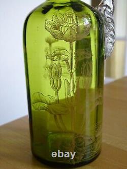 St Louis Ancienne Carafe A Liqueur Cristal Vert Gravure Art Nouveau Nenuphars
