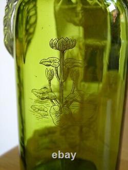 St Louis Ancienne Carafe A Liqueur Cristal Vert Gravure Art Nouveau Nenuphars