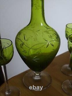 St Louis Ancienne Carafe Verres Vert A Liqueur Cristal Gravure Art Nouveau Talma