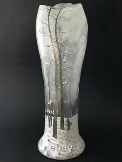 Sublime ancien GRAND VASE LEGRAS Art Nouveau en verre émaillé décor neige 33,3cm