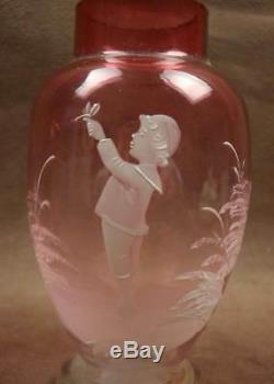 Superbe Paire De Vases Anciens En Verre Emaille Decor Enfants Mary Gregory
