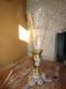 Tr&egrave;s belle bouqueti&egrave;re ancienne en bronze dor&eacute; / vase cornet en cristal grav&eacute;